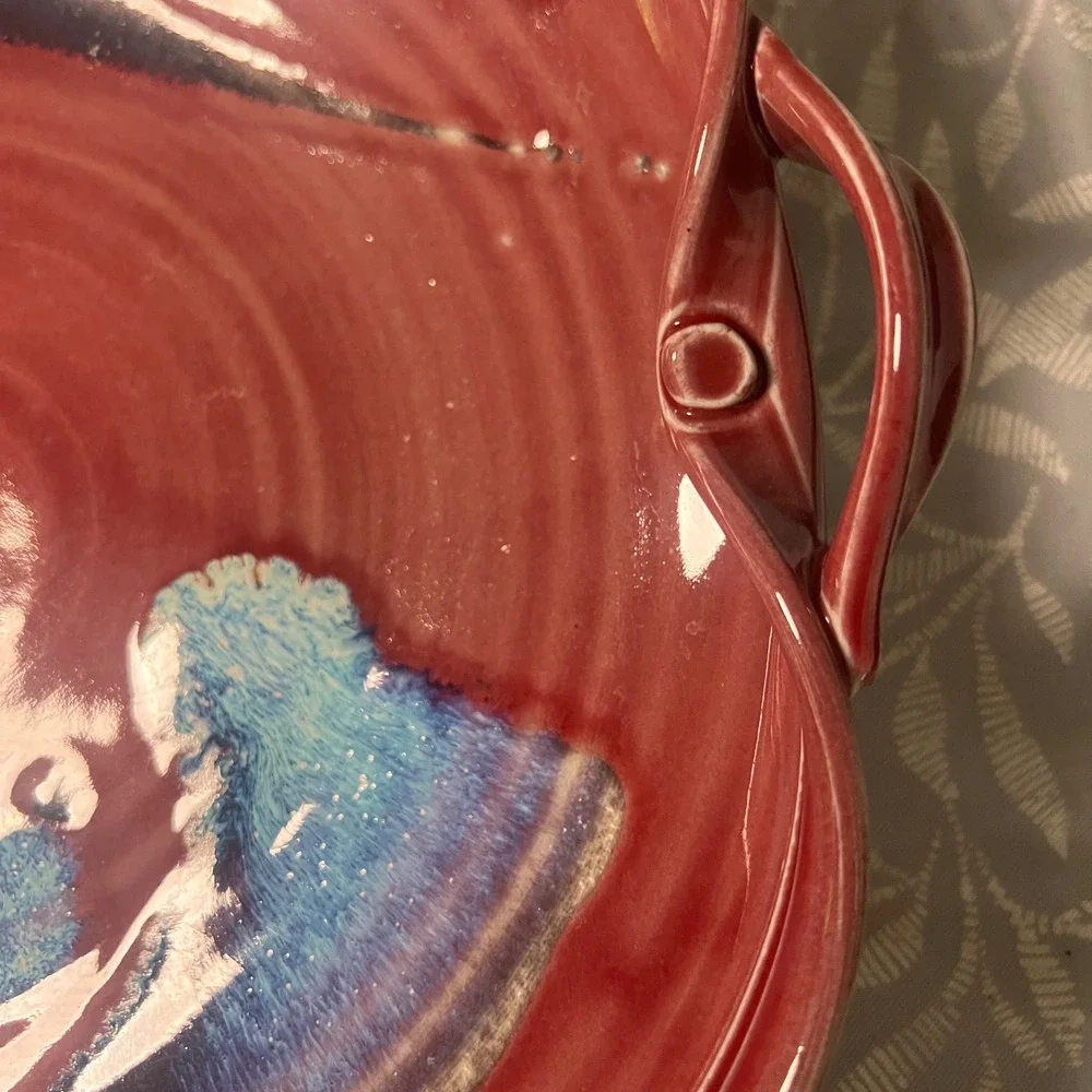 Handmade‎ Studio Pottery Red Glazed Serving Platter with Handles Blue Drip 12
